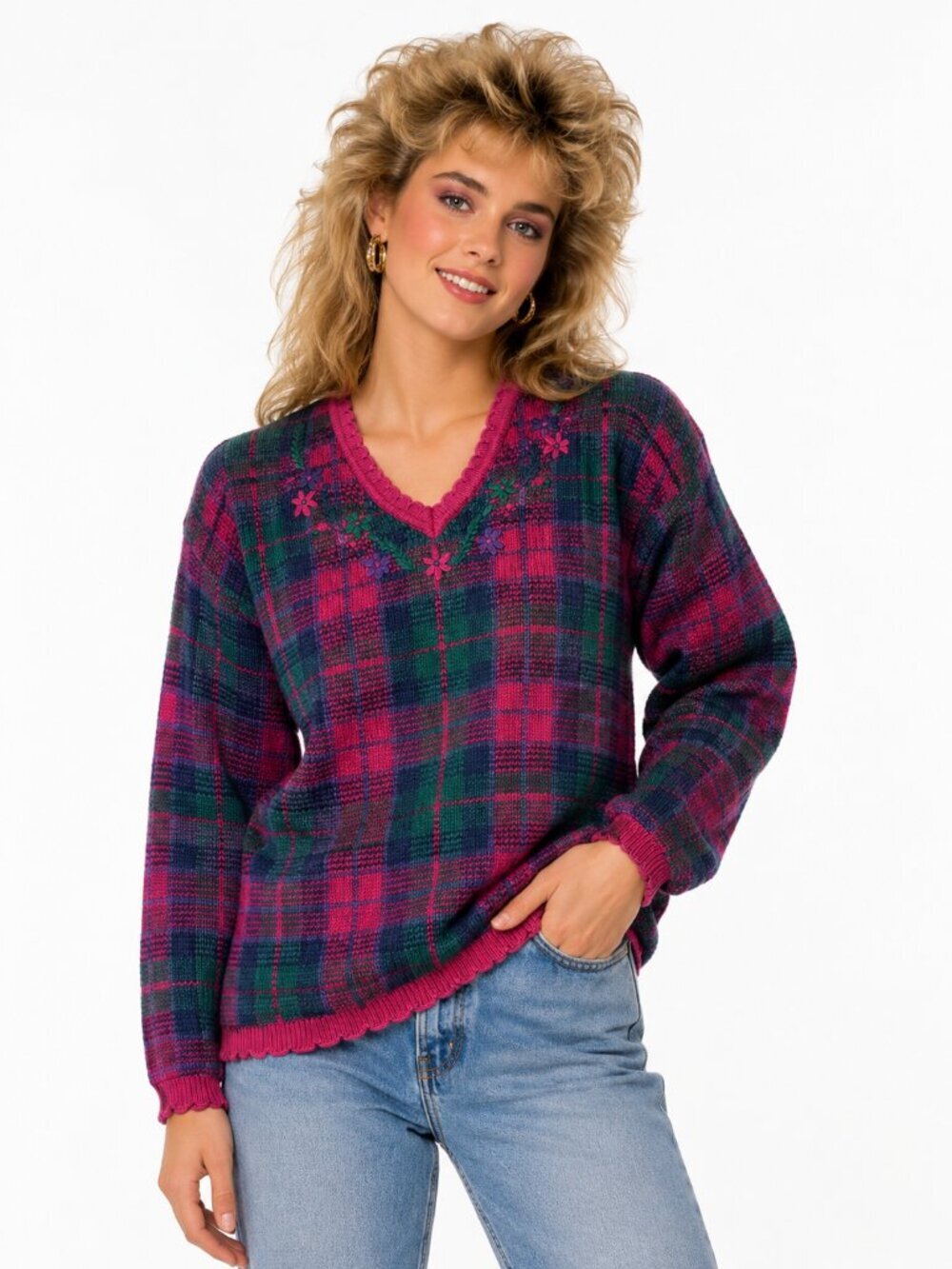 Cotton Plaid V Neck NORTHERN REFLECTIONS Sweater XL Vintage 80s